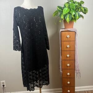 Onyx Nite Black Sequin V Neck Knee Length Dress Size 16